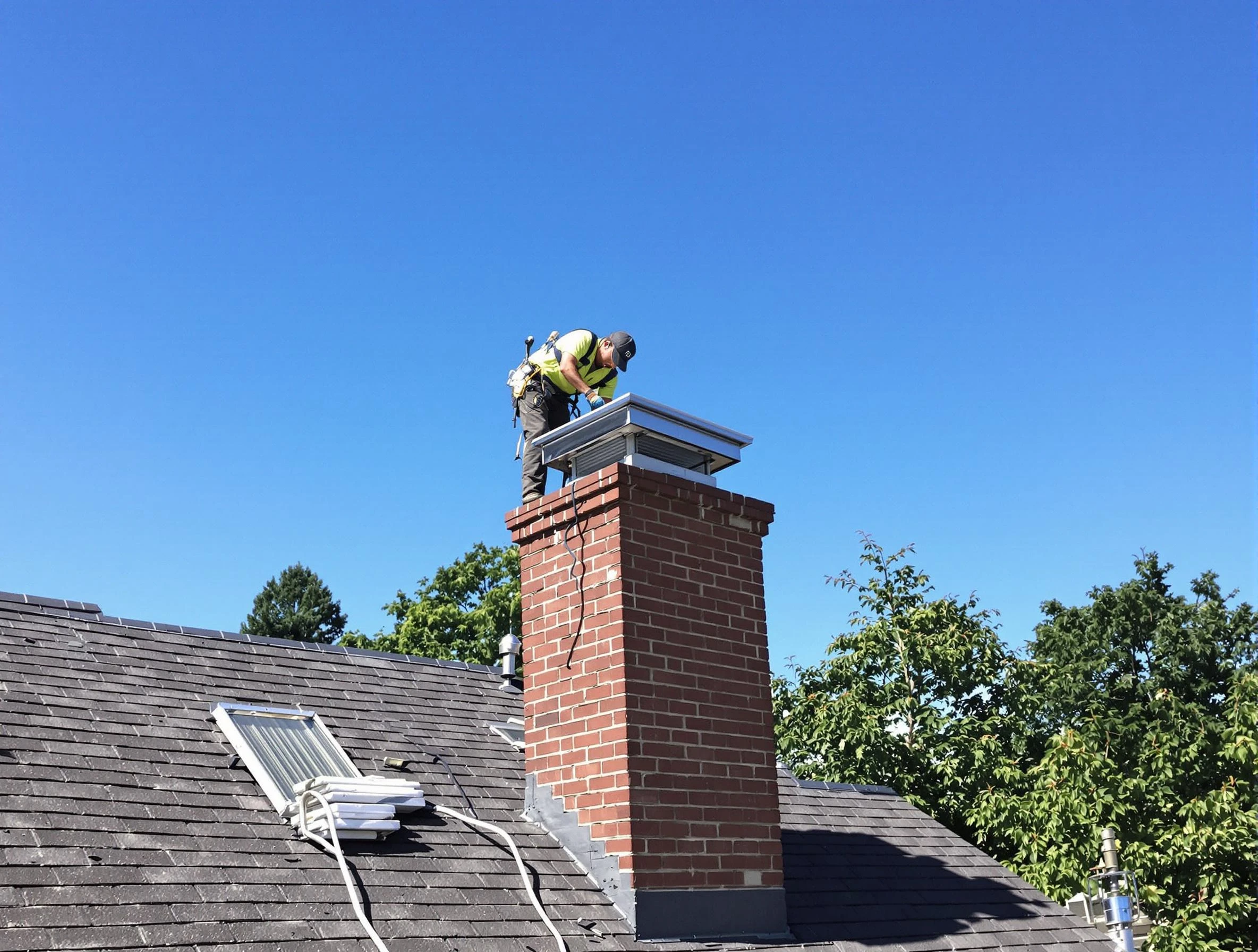 Richland Chimney Sweep technician measuring a chimney cap in Richland, PA